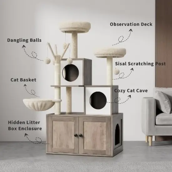 Modern 2-in-1 Cat Tree & Hidden Litter Box Enclosure &ndash; Wooden Tower with Condo, Hammock, Scratching Post, Plush Perch & Removable Pompoms image {6}