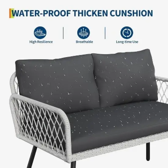 Acekool 3-Piece Patio Furniture Set with 2 PE Wicker Chairs & Loveseat, Glass Top Coffee Table, Outdoor Seating with Cushions for Balcony & Garden image {5}