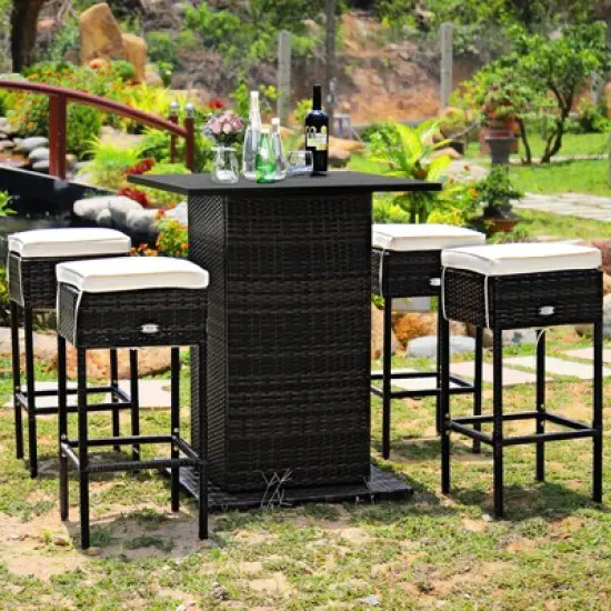 Tangkula 5 PCS Patio Rattan Dinning Set Conversation Set All weather Wicker Bar Table Stool Set w/Hidden Storage Shelf & Cushions image {5}