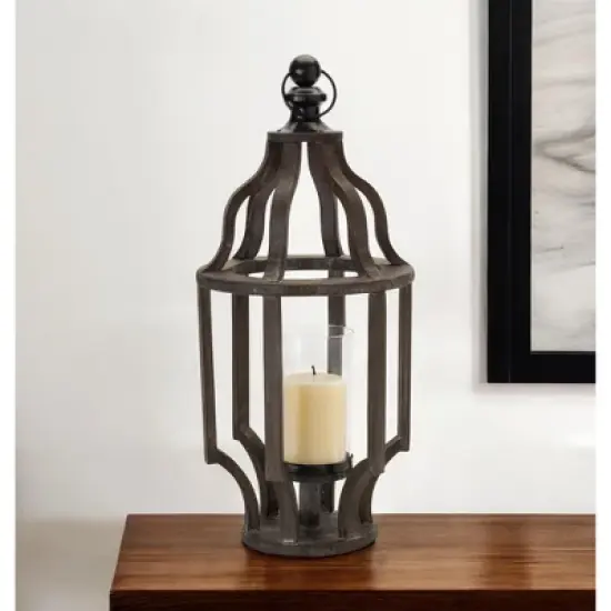 HomeRoots 23" Black Geometric Wood And Glass Tabletop Lantern Candle Holder image {1}