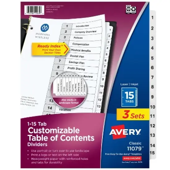 Avery Dividers for 3 Ring Binders, 15 Tabs per Set, Customizable Table of Contents, Classic White Tabs (3 Sets of 11079) image {8}