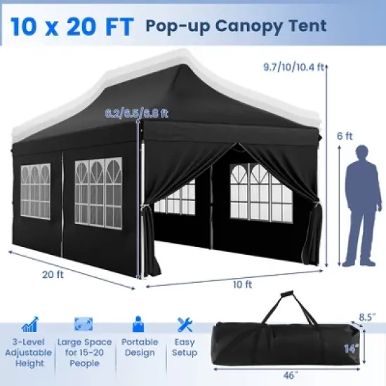Tangkula 10 x 20 FT Canopy w/ 6 Detachable Sidewalls Carrying Bag UPF50+ Sun Protection image {8}