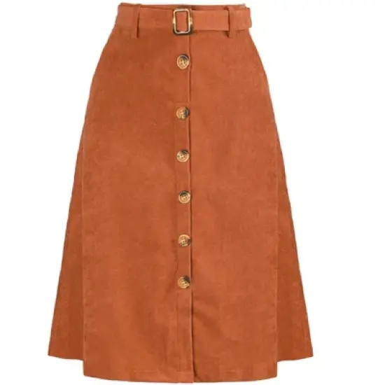 Allegra K Women's High Waist Button Front A-Line Belted Corduroy Midi Skirt image {8}