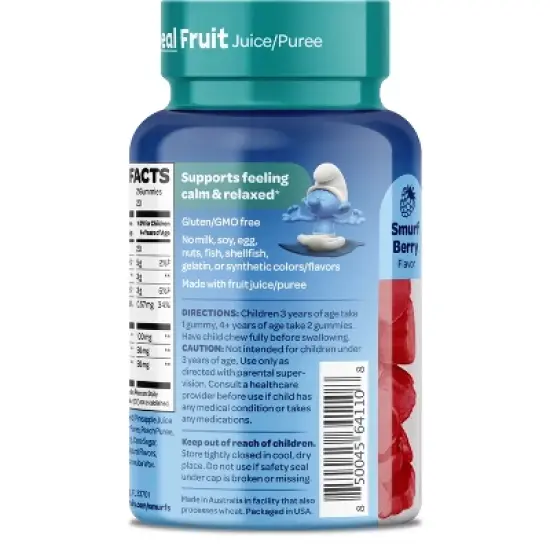 Smurfs Calm & Relaxed Kids Vitamin Gummies, Theanine, Lemon Balm & Vitamin B6, Smurfs Berry Flavored, 40ct image {3}
