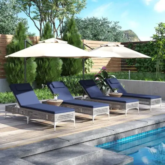 Costway 1/2 PSC Patio Chaise Lounge Chair with 6-Level Adjustable Backrest Removable Cushion Navy/White/Gray image {4}