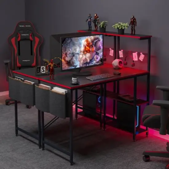 Bestier 44&rdquo; Gaming Desk with LED Lights, PC Gamer Desk with 4 Tier Adjustable  Shelves & Storage Bag, Computer Office Desk for Small Spaces image {8}