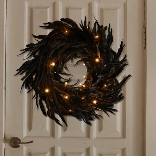 Joyfy Halloween Decorations 13.5in Black Feather Wreath, Party Decor Porch Patio Window Indoor Outdoor Decor,  Halloween Wreath Props Party Favors image {1}