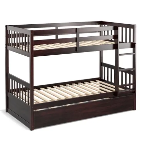 Costway Twin Over Twin Bunk Bed with Twin Trundle Solid Wood Frame Espresso/White image {9}