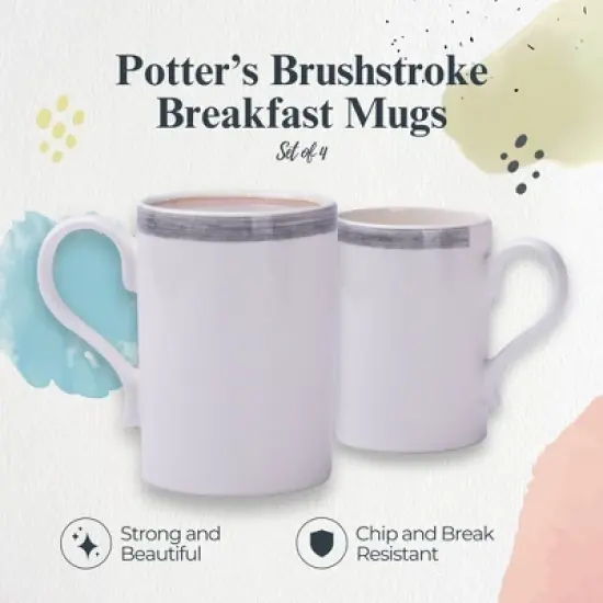 Portmeirion Potter's 9oz Brushstroke Breakfast Mug, Set of 4, Elegant Earthenware Tea Mugs with Handle, Ideal Gift for Coffee Lovers - Grey image {1}