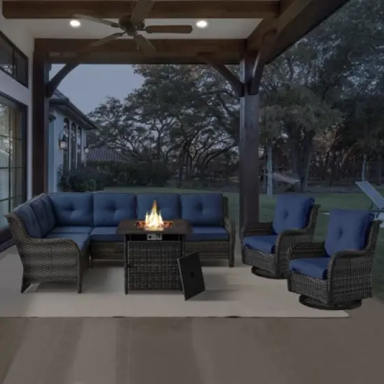 POCASSY 5PCS Outdoor Furniture Set with 30" Propane Fire Pit Table, Outdoor L Shaped Couch Set with All Weather Wicker Sectional Sofa and Swivel Chair image {15}