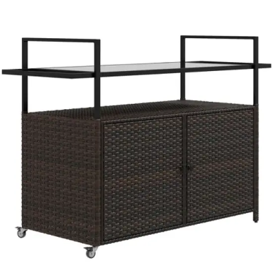 Outsunny 2-Tier Shelf PE Rattan Outdoor Bar Table, Glass Top Patio Serving Cart image {6}