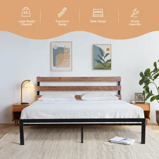 Costway Twin Size Metal Platform Bed Frame Mattress Foundation wooden Headboard image {5}