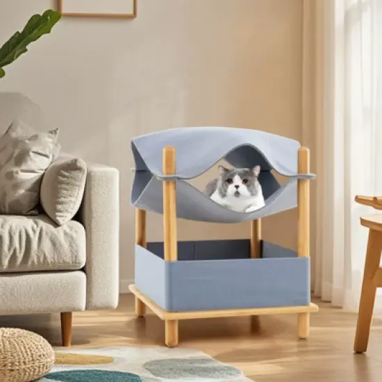 Costway 2-Tier Wooden Cat House Modern Cat Tree w/ Storage Space Small Pet Furniture for Indoor Kittens image {3}