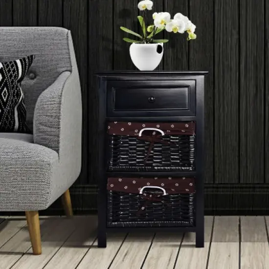 Costway Black Night Stand 3 Tiers 1 Drawer Bedside End Table Organizer Wood W/2 Baskets image {2}