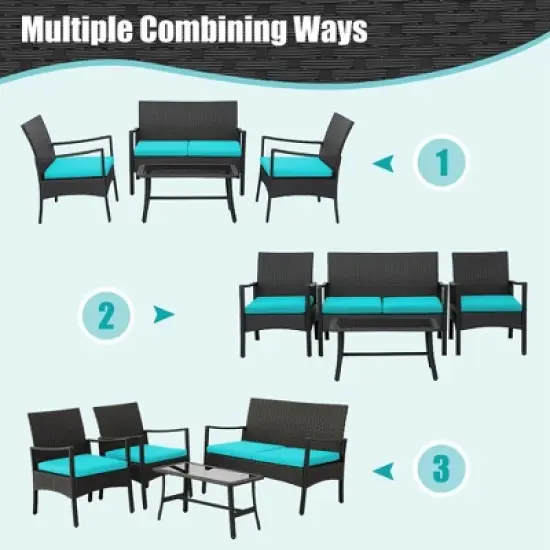 Costway 4PCS Patio Wicker Furniture Set Cushioned Chairs& Loveseat with Coffee Table Garden image {4}