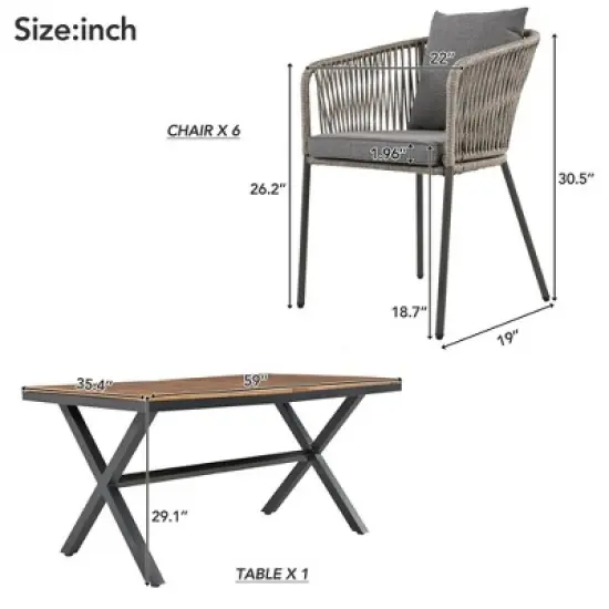 FIONECA 7-Piece Outdoor Patio Dining Set with Acacia Wood Tabletop & Metal Frame, All-Weather Chairs for Garden, Backyard, Balcony &uml;C Grey image {6}