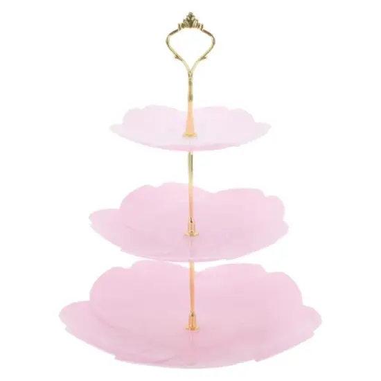 Unique Bargains 3 Tier Dessert Cupcake Stand Flower Shape Cup Cake Holder Tower Pink Gold Tone image {6}