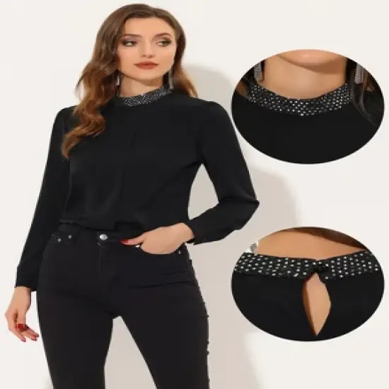 Allegra K Women's Work Pleated Front Long Sleeve Mock Neck Blouse image {1}