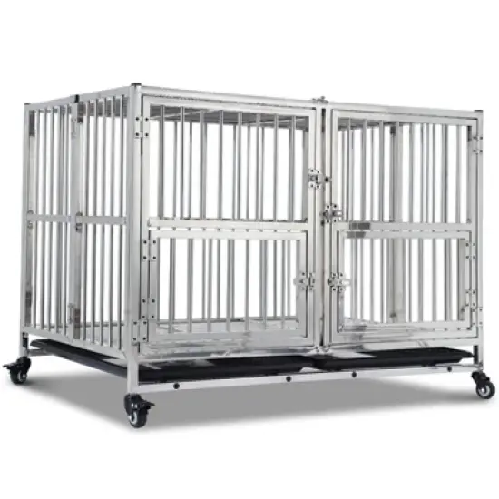 48 Inch Heavy Duty Dog Crate - Stainless Steel Kennel with Wheels, Double Door & Small Door Design, Removable Tray & Sturdy Locks, Silver image {9}