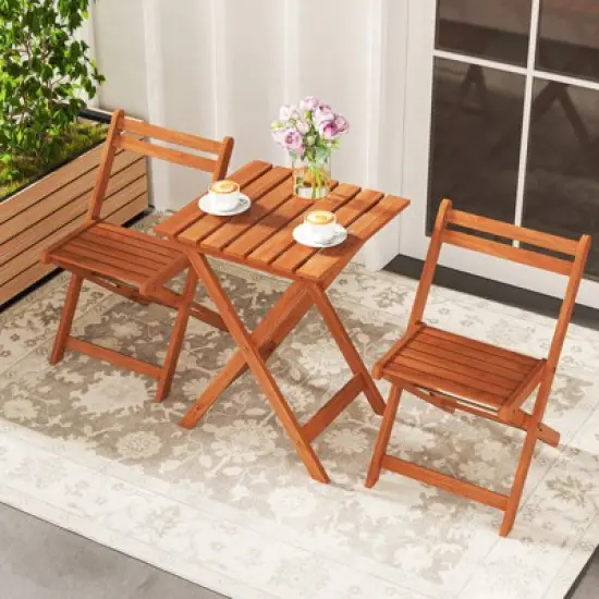Tangkula 3 PCS Outdoor Wood Bistro Set w/ 2 Folding Chairs & Dining Table for Backyard image {1}