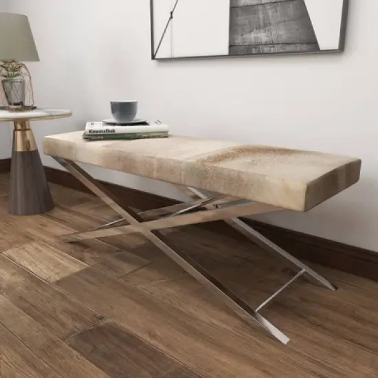 Contemporary Stainless Steel Cowhide X-Bench Beige - Olivia & May image {18}