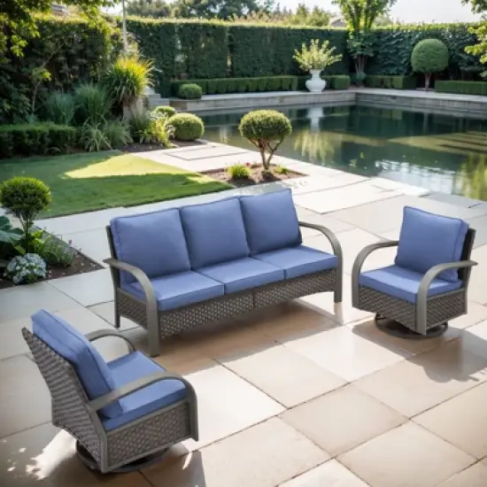 POCASSY 3 Pieces Patio Sofa Set, Patio Furniture Set with Patio Couch and Swivel Patio Chair, Metal Armrest All Weather Wicker Patio Set for Porch image {11}