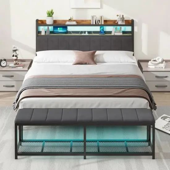 VECELO Full/Queen Upholstered Bed Frame with Storage End of Bed Bench, Platform Bed with Headboard & Charging Station, LED Lights, Gray image {14}