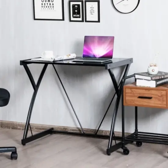 Costway Glass Top Computer Desk Laptop Writing Study Workstation Z-Shaped Metal Frame image {3}