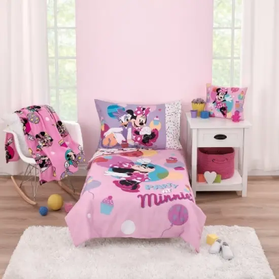 Disney Minnie Mouse Let's Party Pink, Lavender, and White Balloons, Cupcakes, and Confetti Party at Minnie's 4 Piece Toddler Bed Set image {8}