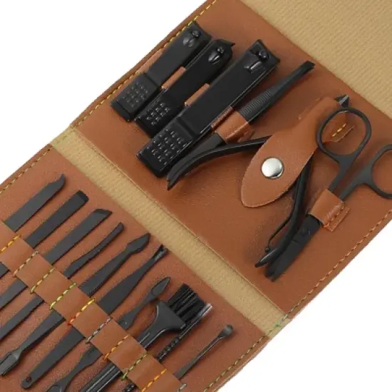 Unique Bargains Manicure Set with PU Leather Case Personal Care Tool Kits Stainless Steel Pedicure Set Black 16pcs image {2}