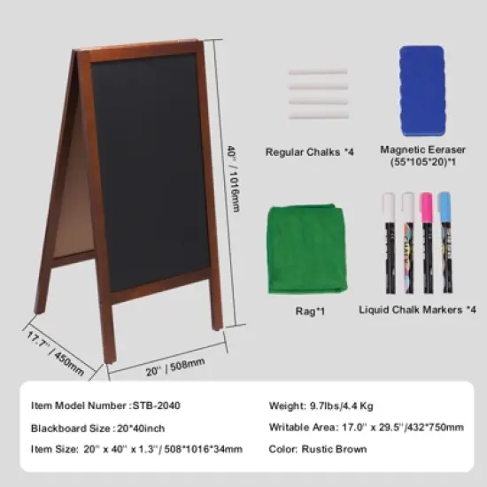 VEVOR A Frame Chalkboard Sign, Double-Sided Sidewalk Signs, Freestanding Vintage Wooden Chalk Board with Chalks & Magnetic Eraser, 20"x40", Brown image {7}