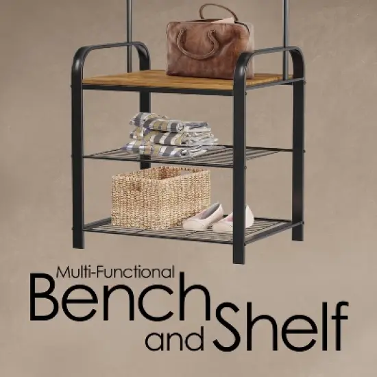 Hastings Home Entryway Bench with Coat Rack, Seat, Hooks, and Shoe Storage, Brown image {3}