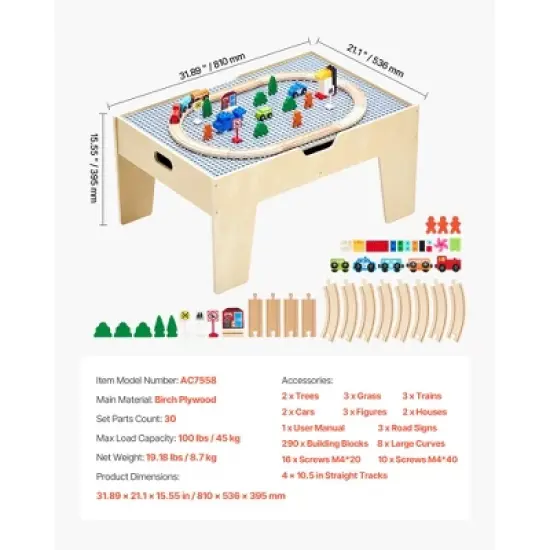 VEVOR Multi-Purpose Activity Play Table, 290 Building Bricks and 30-Piece Wooden Train Set, for Kids Ages 3+, Multicoclor image {7}