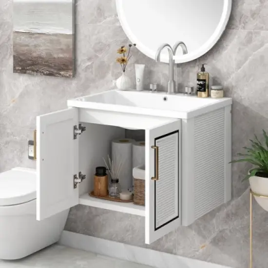24" Wall Mounted Bathroom Vanity with Porcelain Sink and Two Shuttered Doors, White - ModernLuxe image {1}