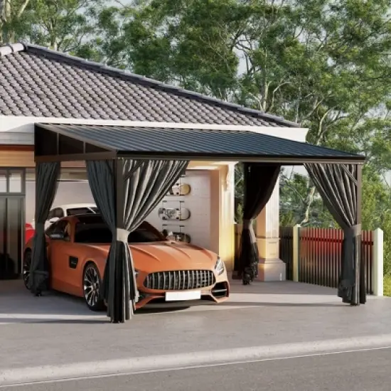 FUFU&GAGA Modern Wall Outdoor Patio Gazebo with Galvanized Steel Hardtop Aluminum Frame, Removable Curtains & Deep Gray Mosquito Netting image {2}