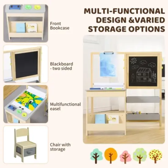 Wooden Easel for Kids, Kids Art Table and 2 Chairs,Art Center with Double-Sided Blackboard & Whiteboard, Paper Roll for Drawing image {2}