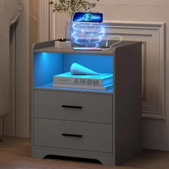 Vlsrka Night Stand with Wireless Charging, 2 Drawers, Smart Bedside Table with 24-Color RGB Lighting, Modern LED Lighted Nightstand for Bedroom image {4}