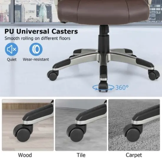 Costway Ergonomic Office Chair PU Leather Executive Swivel with Upholstered Armrests Brown image {6}