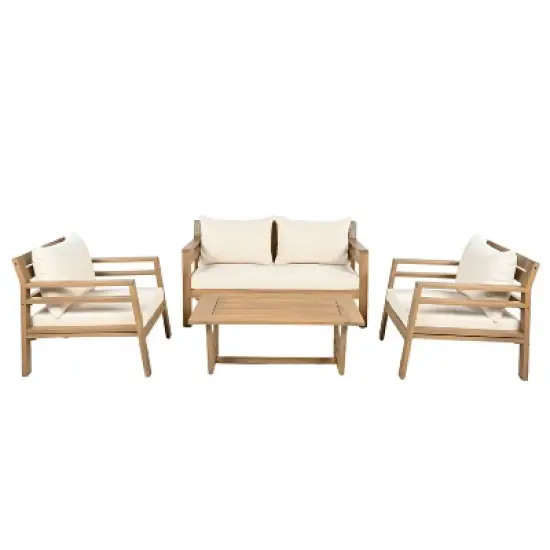 Christopher Knight Home Behram 4 Pieces Outdoor Acacia Wood Slat Design Seating Set, Beige image {11}