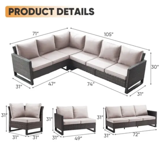 Buenhomino 6-Seater Outdoor Sectional Sofa L Shaped Couch Patio Conversation Furniture Set, Wicker Patio Sectional Sofa with Removable Cushion image {2}