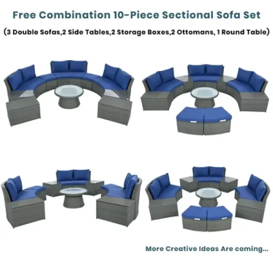 YOOCOZZ Patio Rattan 10-Piece Half Round Sectional Sectional Sofa Set image {5}