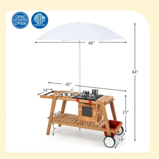 Costway Kid's Play Trolley Outdoor Wooden Kids Play Cart with Sun Umbrella  for Toddlers 3+ image {8}