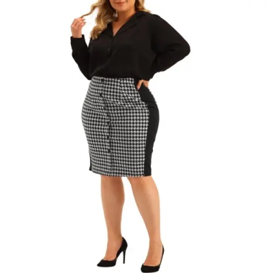 Agnes Orinda Women's Plus Size Work Houndstooth Pattern Slim Knee Pencil Skirt image {1}
