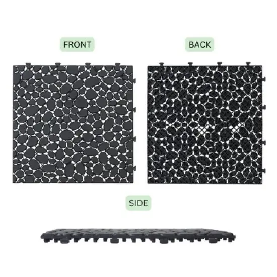 12 x 12 Inch Black Interlocking Deck Tiles with Pebble Stone Pattern, Waterproof Plastic Outdoor Decking, 12-Pack image {1}