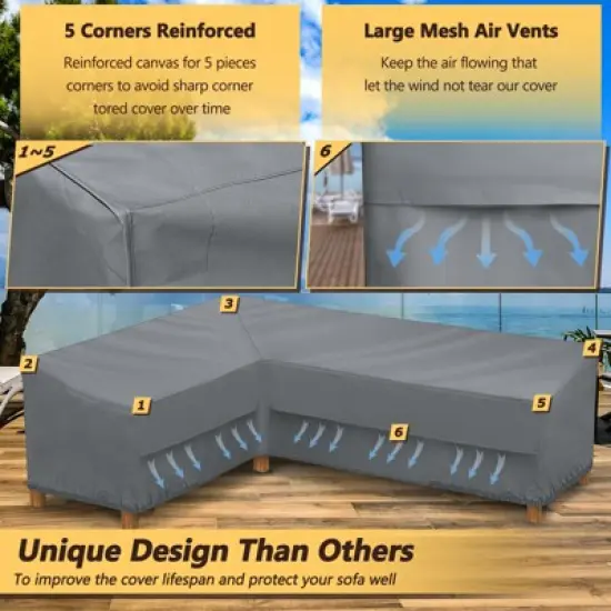 Akefit V-Shaped Patio Sectional Sofa Cover Waterproof Windproof Outdoor Furniture Protector Gray with Vents image {4}