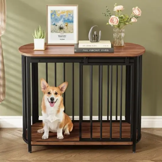 SEVOBAL Pet Crates and Houses Curved Pet Cage Dual Purpose Furniture Ventilated Structure Chew Resistant, Brown, 31.5"*23.03"*25.87" image {1}