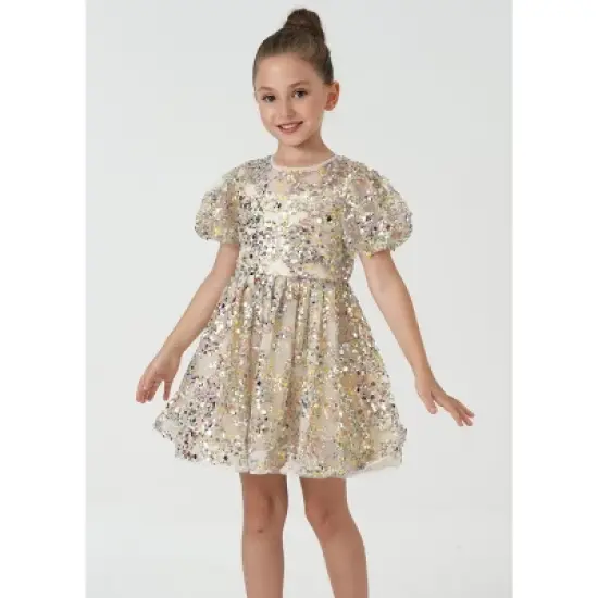 2Bunnies Christmas New Year Holiday Girl Gold Shimmer Sparkle Sequin Dress Puff Sleeve image {2}