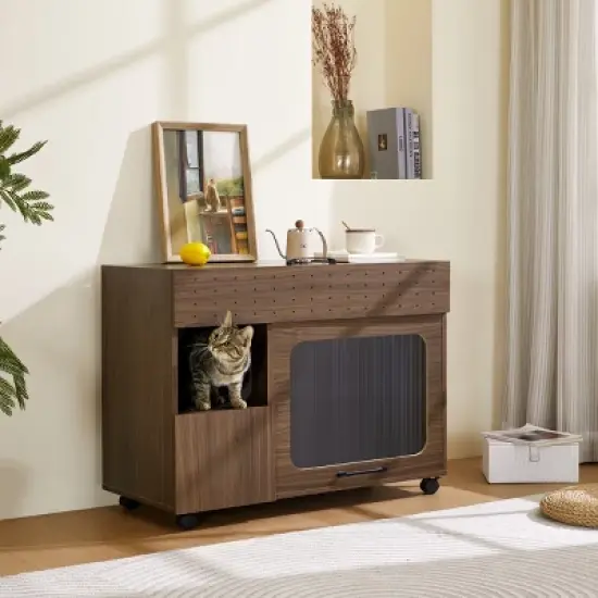 Furniture Style Cat Litter Box House,Sidetable with Storage,Convenient Flip Up Door for Cats-Maison Boucle image {7}