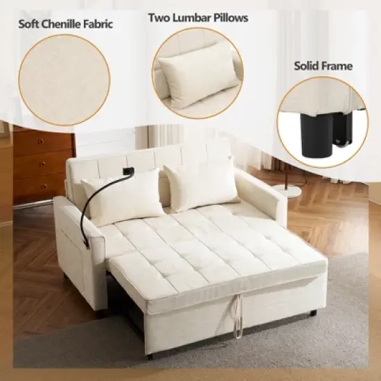 56.9"W Loveseat Sofa, Pull-Out Sleeper Sofa Bed with Adjustable Backrest, Side Pockets, Two USB Ports and A Phone Holder - ModernLuxe image {5}