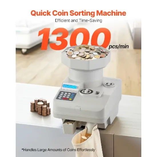 VEVOR Coin Counter, Professional Coin Sorter with LED Display Holds up to 11000 Coins, Automatic Coin Sorter and Wrapper Machine for All Coins, Grey image {2}